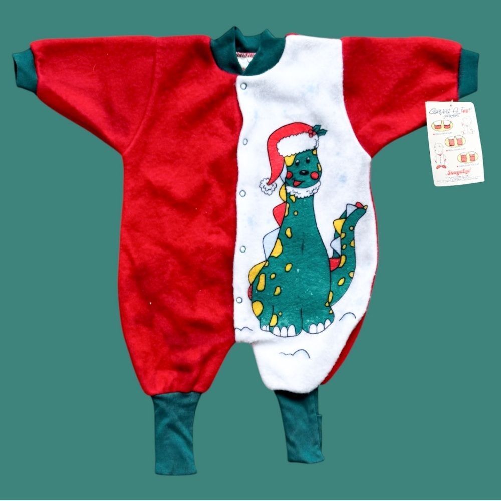 Dinosaur Christmas Vtg 1991 Snugabye Fleece Footie Sleeper Youth (14 lbs)